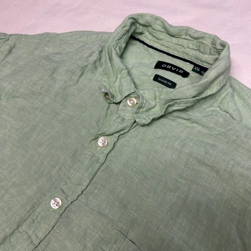 Orvis Mens XXL Sage Green 100% Linen Long Sleeve Button Down Classic Fit Shirt